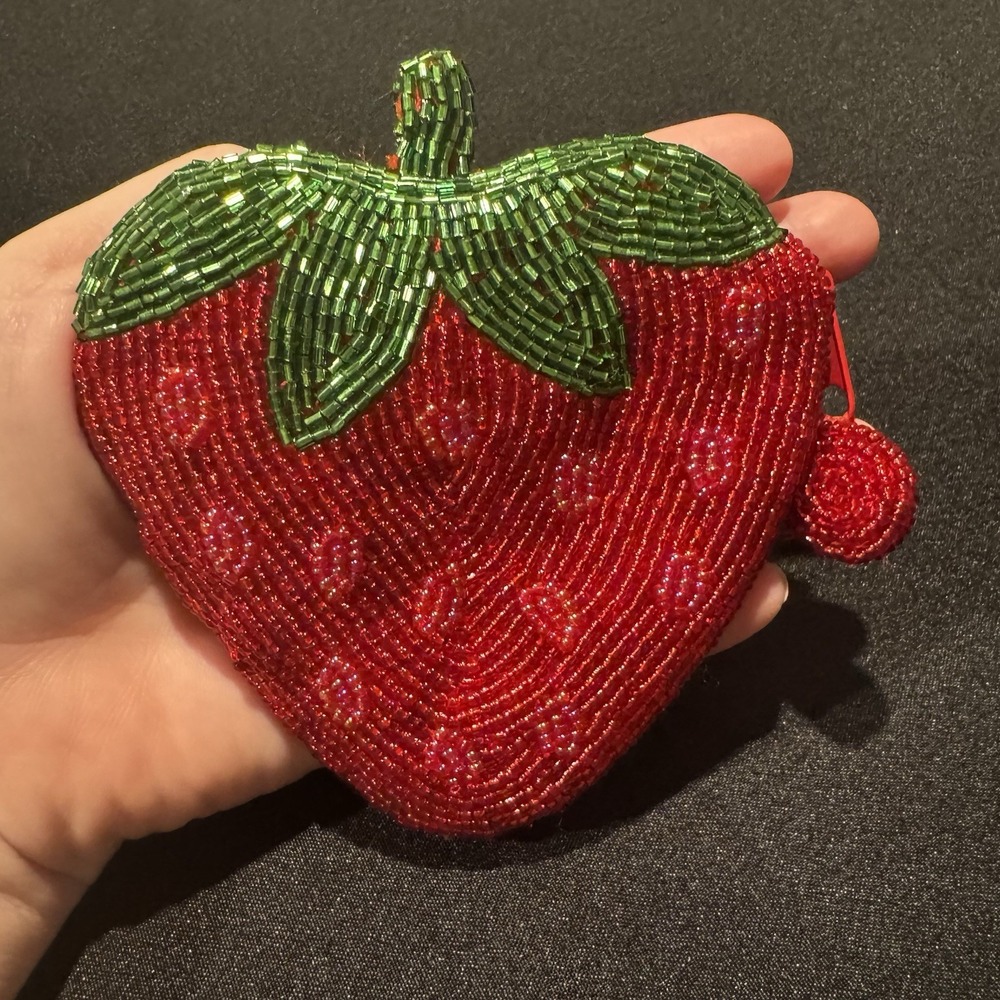 Beautifully Sewn Beaded Strawberry Zippered Coin Pouch Beaded Zipper Pull